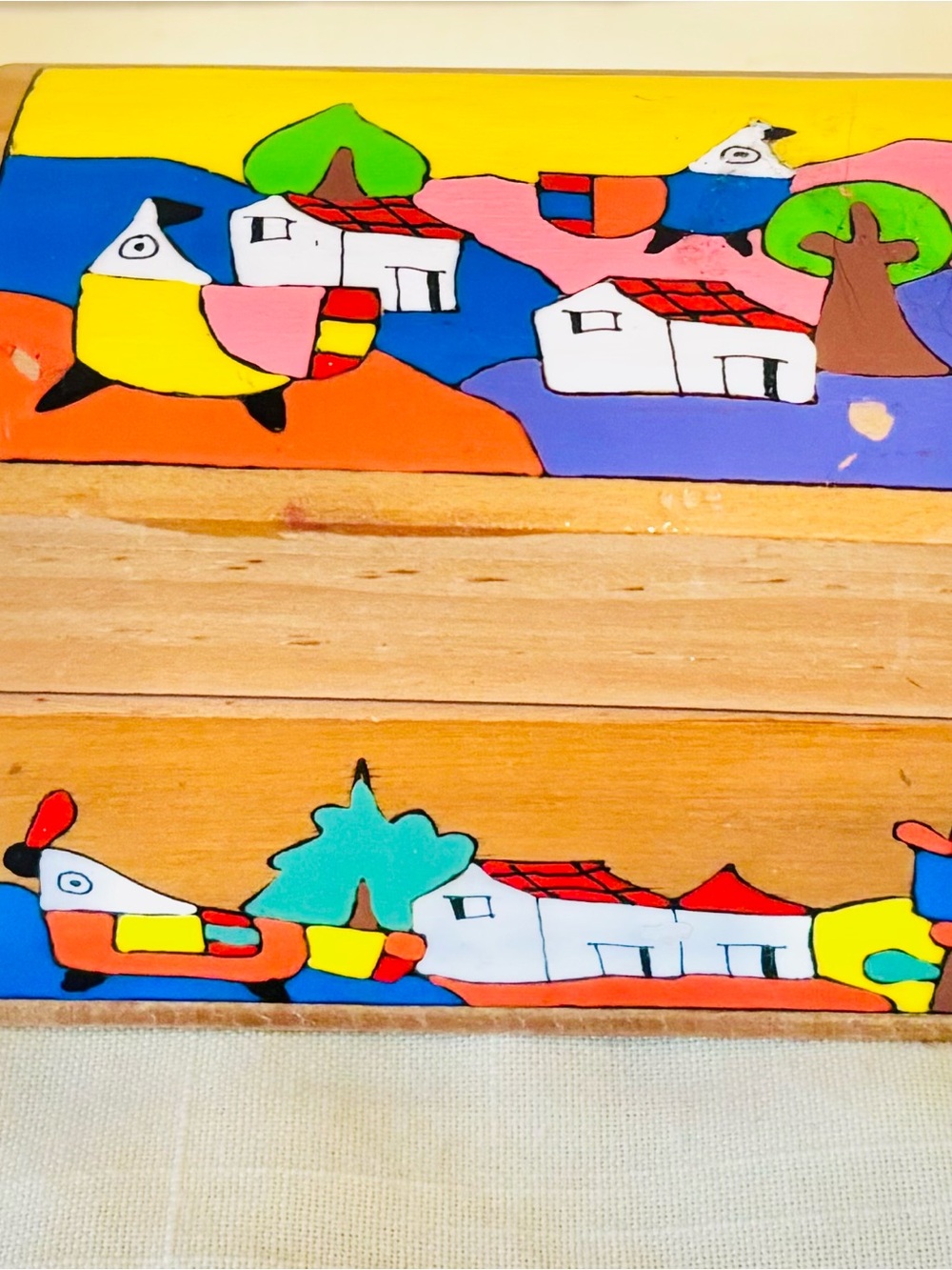 El Salvador Folk Art Wooden Box Hand Painted Village Scene Decor 4” X 2.75”